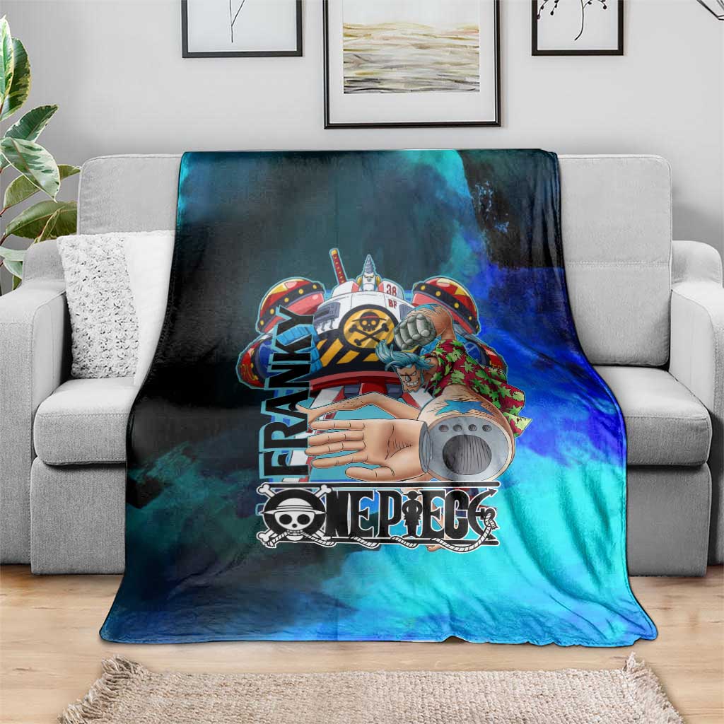 Franky One Piece Blue Theme Blanket with Cyborg Design and Shipwright Pose - The Mazicc