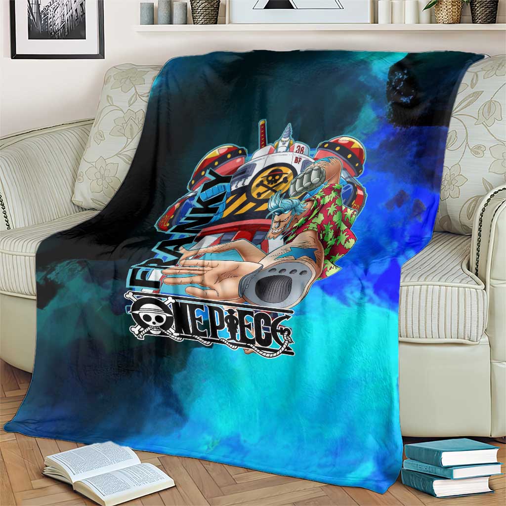Franky One Piece Blue Theme Blanket with Cyborg Design and Shipwright Pose - The Mazicc