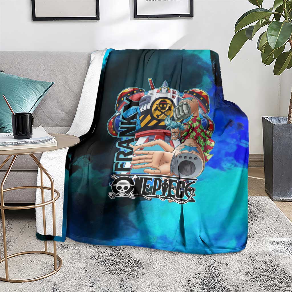 Franky One Piece Blue Theme Blanket with Cyborg Design and Shipwright Pose - The Mazicc