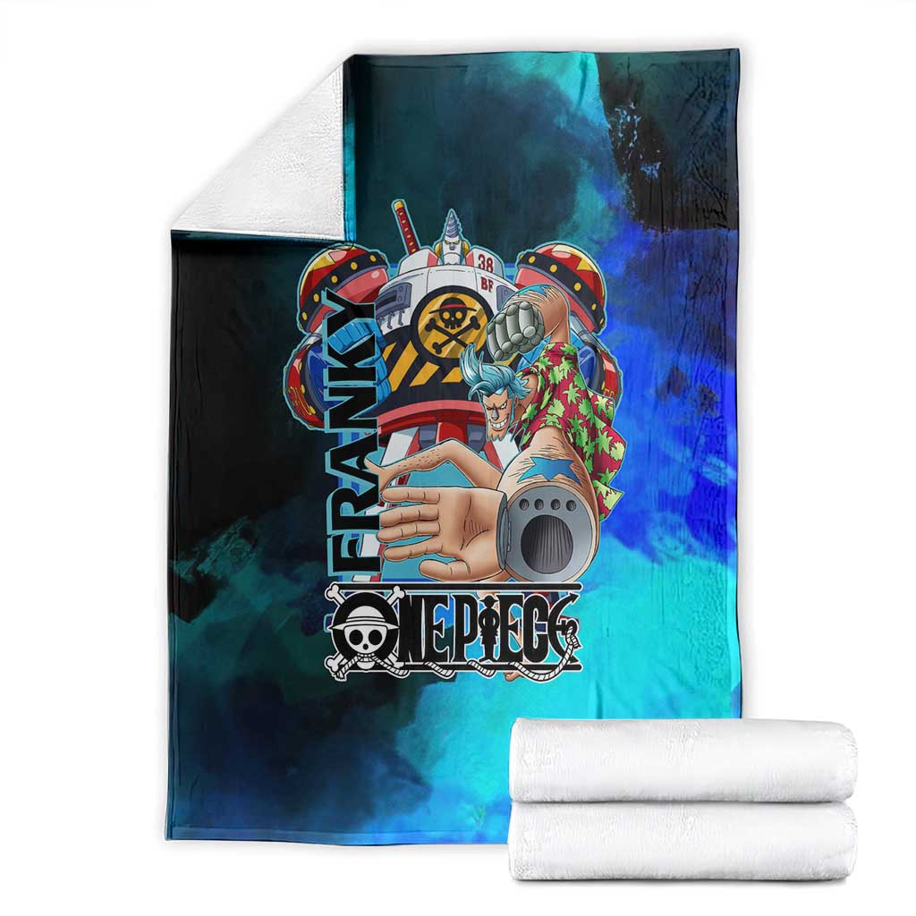 Franky One Piece Blue Theme Blanket with Cyborg Design and Shipwright Pose - The Mazicc