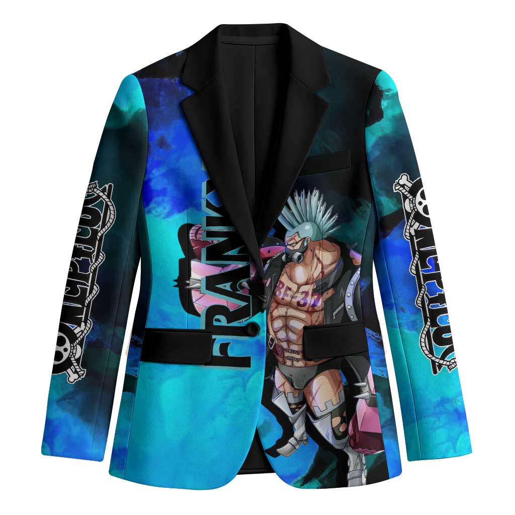 Franky One Piece Blue Theme Blazer with Cyborg Design and Shipwright Pose - The Mazicc