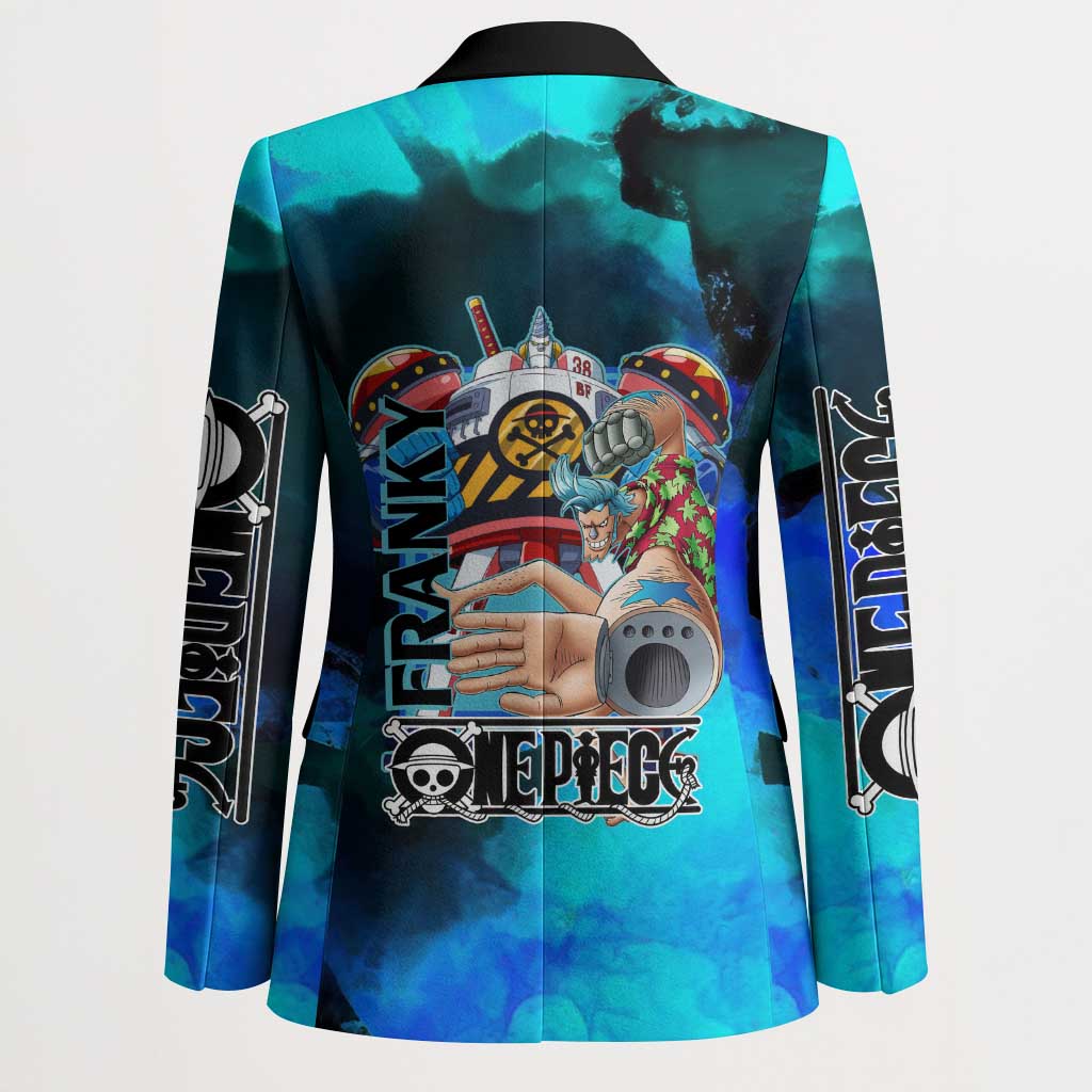 Franky One Piece Blue Theme Blazer with Cyborg Design and Shipwright Pose - The Mazicc