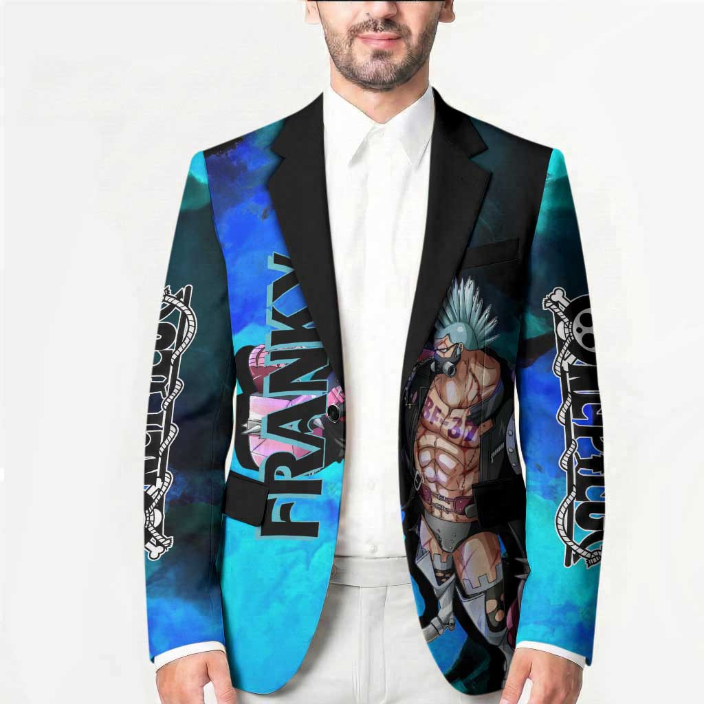 Franky One Piece Blue Theme Blazer with Cyborg Design and Shipwright Pose - The Mazicc