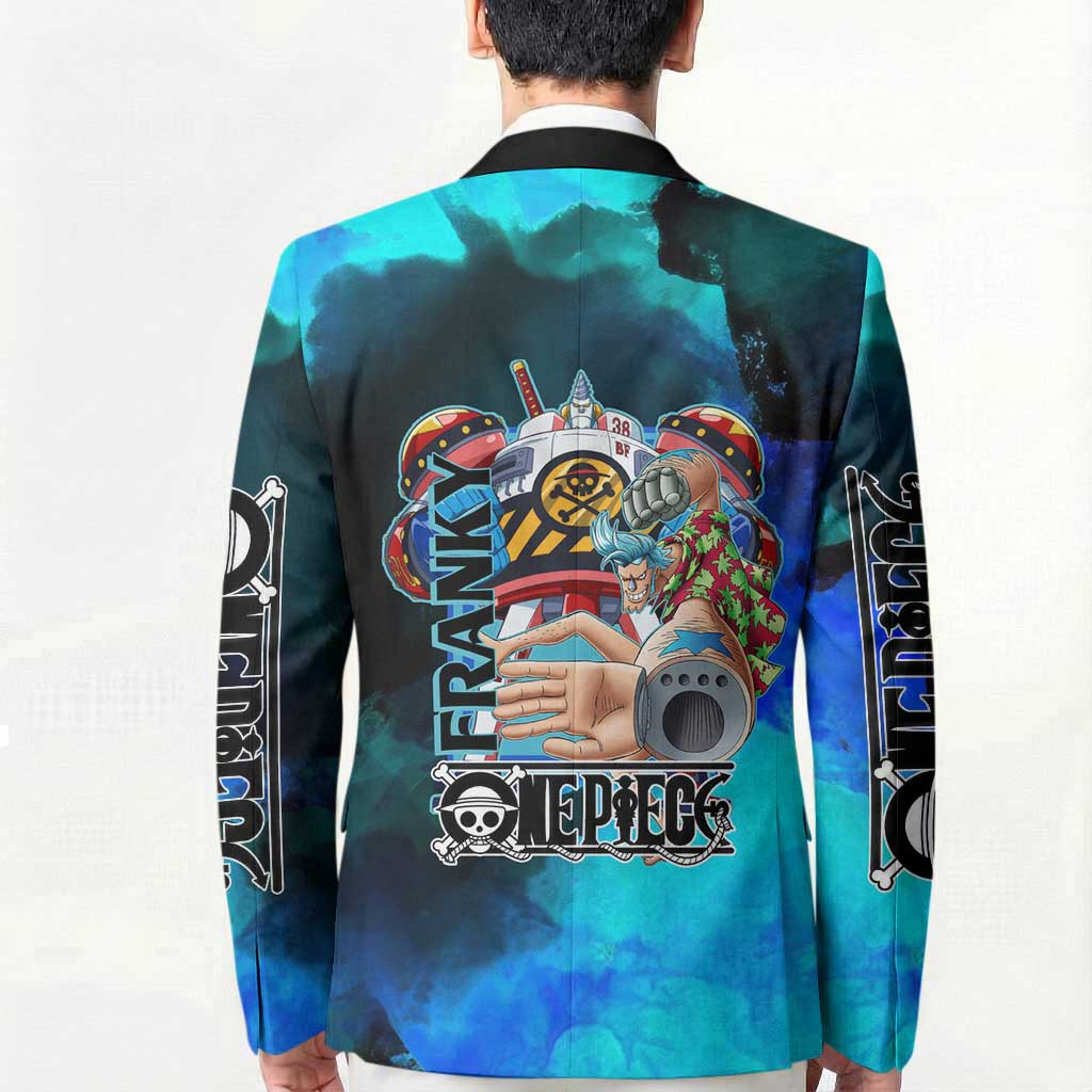 Franky One Piece Blue Theme Blazer with Cyborg Design and Shipwright Pose - The Mazicc