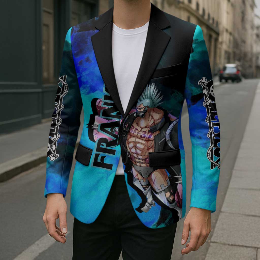 Franky One Piece Blue Theme Blazer with Cyborg Design and Shipwright Pose - The Mazicc