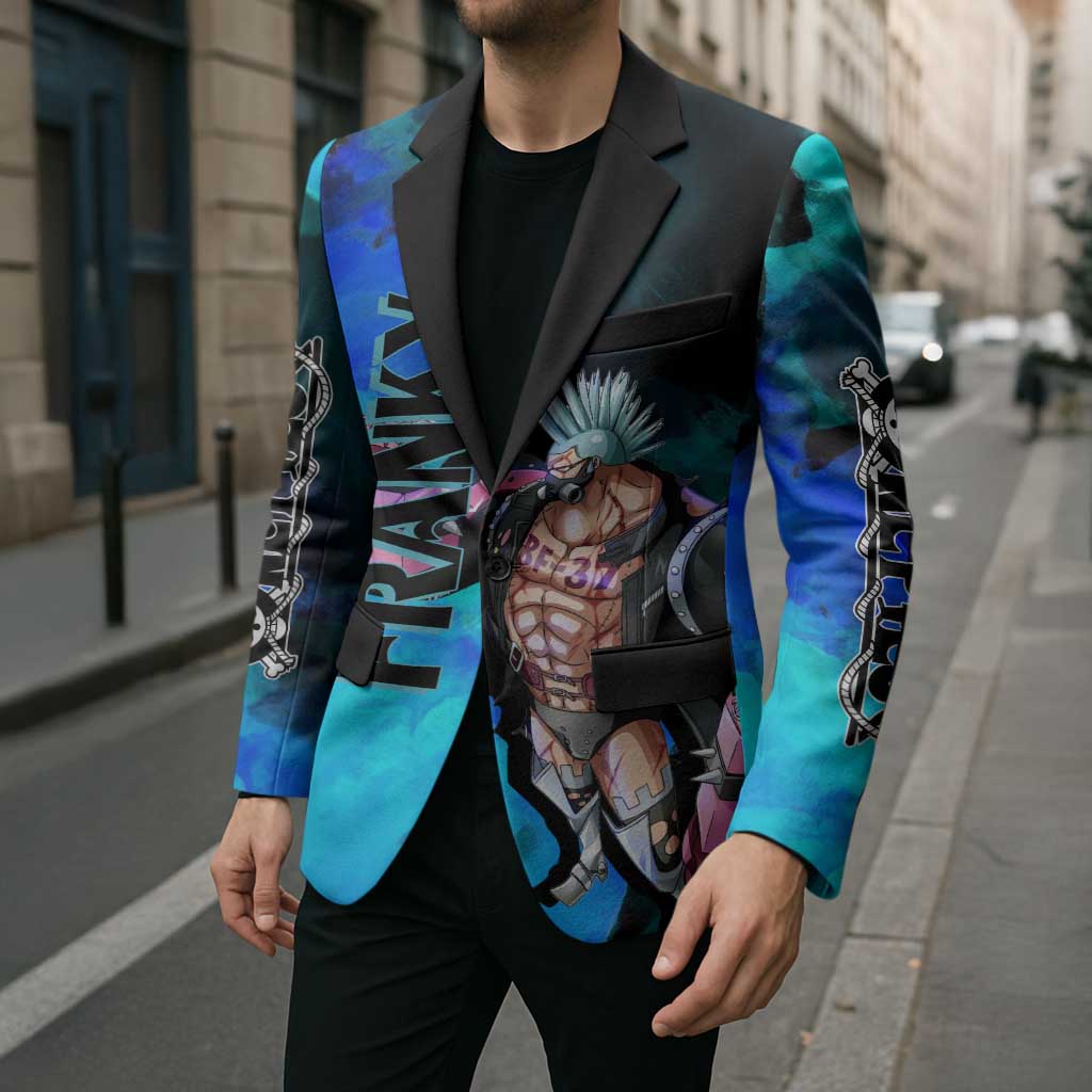 Franky One Piece Blue Theme Blazer with Cyborg Design and Shipwright Pose - The Mazicc