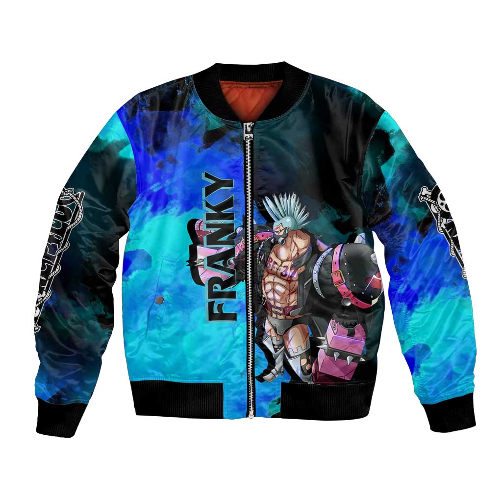Franky One Piece Blue Theme Bomber Jacket with Cyborg Design and Shipwright Pose - The Mazicc
