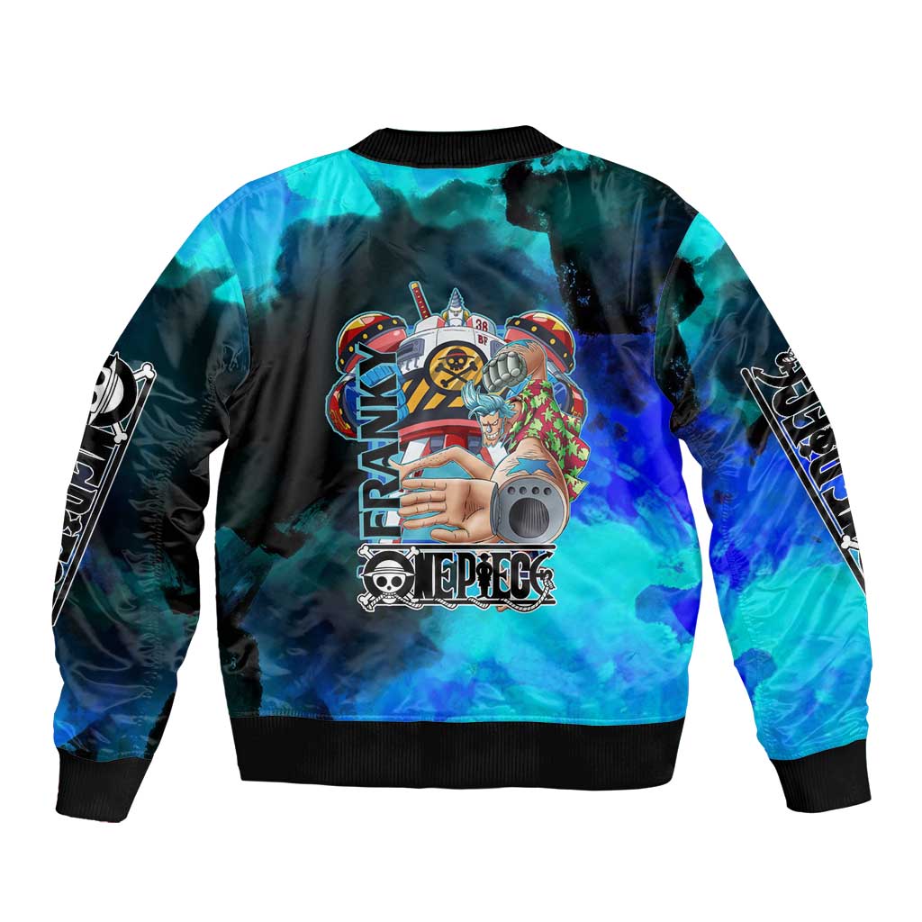 Franky One Piece Blue Theme Bomber Jacket with Cyborg Design and Shipwright Pose - The Mazicc