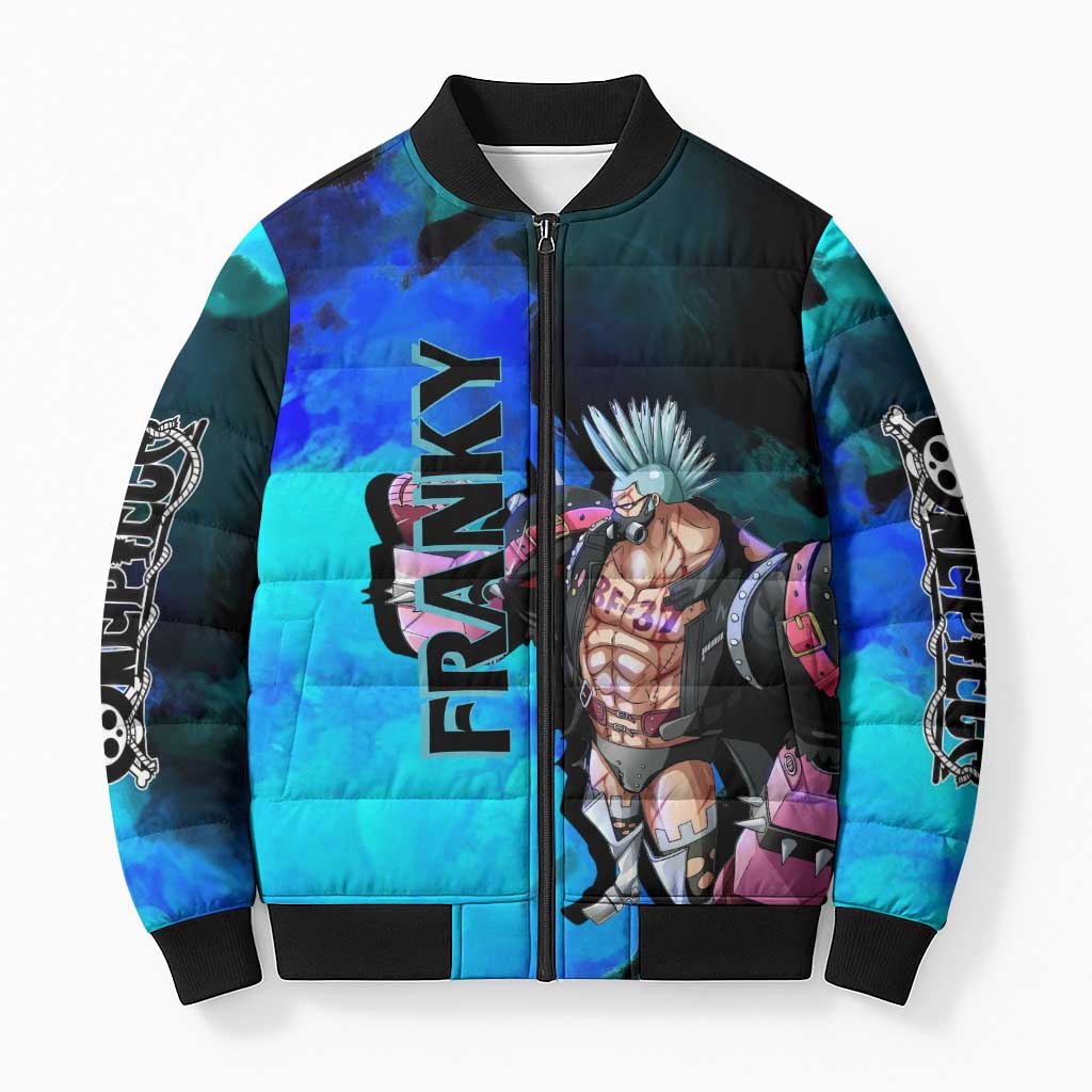 Franky One Piece Blue Theme Bomber Puffer Jacket with Cyborg Design and Shipwright Pose - The Mazicc