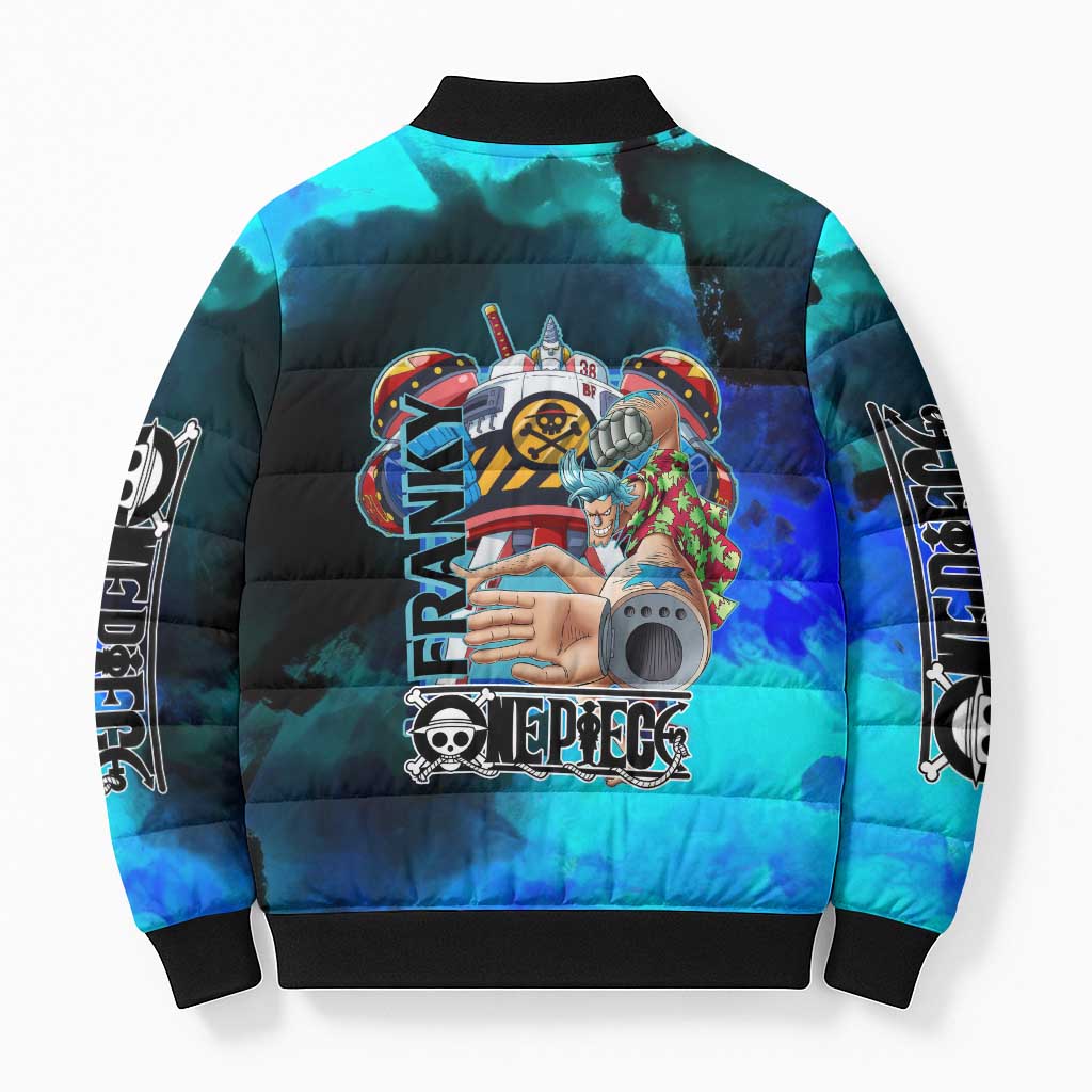 Franky One Piece Blue Theme Bomber Puffer Jacket with Cyborg Design and Shipwright Pose - The Mazicc