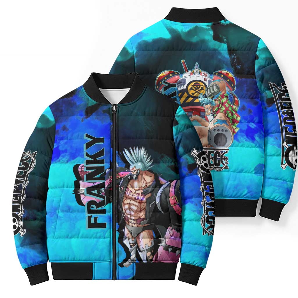 Franky One Piece Blue Theme Bomber Puffer Jacket with Cyborg Design and Shipwright Pose - The Mazicc