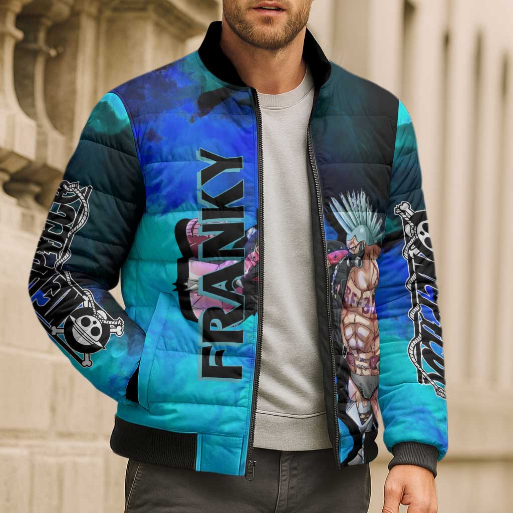 Franky One Piece Blue Theme Bomber Puffer Jacket with Cyborg Design and Shipwright Pose - The Mazicc