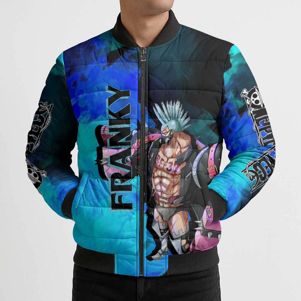 Franky One Piece Blue Theme Bomber Puffer Jacket with Cyborg Design and Shipwright Pose - The Mazicc