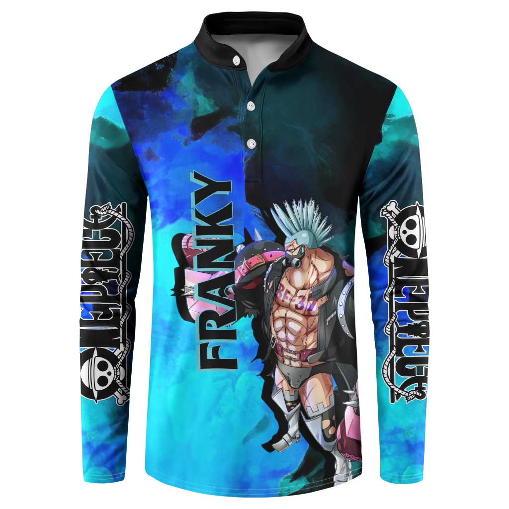 Franky One Piece Blue Theme Button Sweatshirt with Cyborg Design and Shipwright Pose - The Mazicc