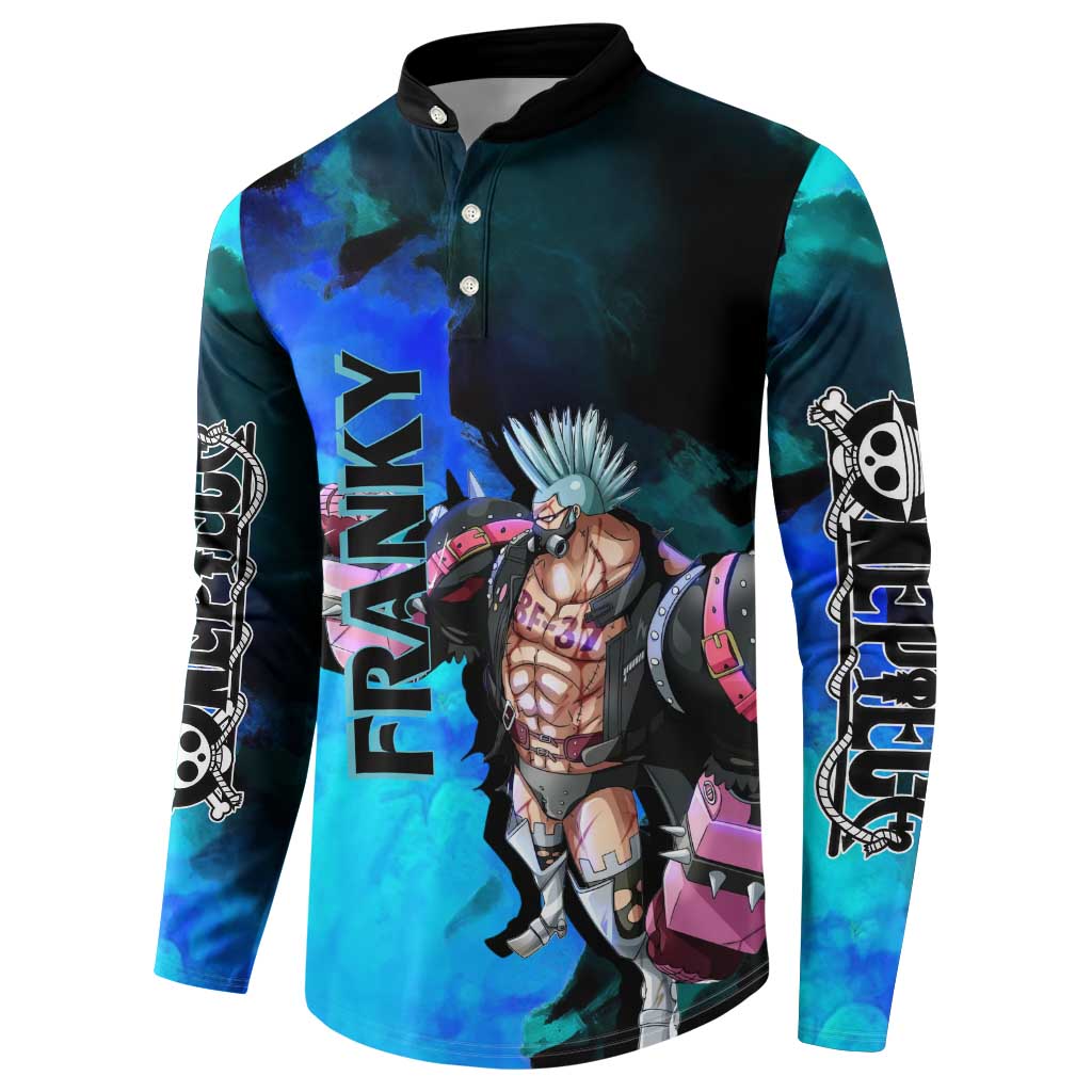 Franky One Piece Blue Theme Button Sweatshirt with Cyborg Design and Shipwright Pose - The Mazicc