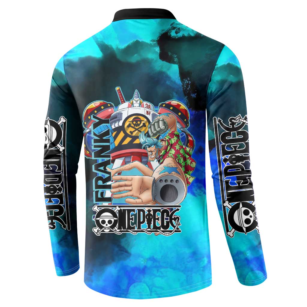 Franky One Piece Blue Theme Button Sweatshirt with Cyborg Design and Shipwright Pose - The Mazicc