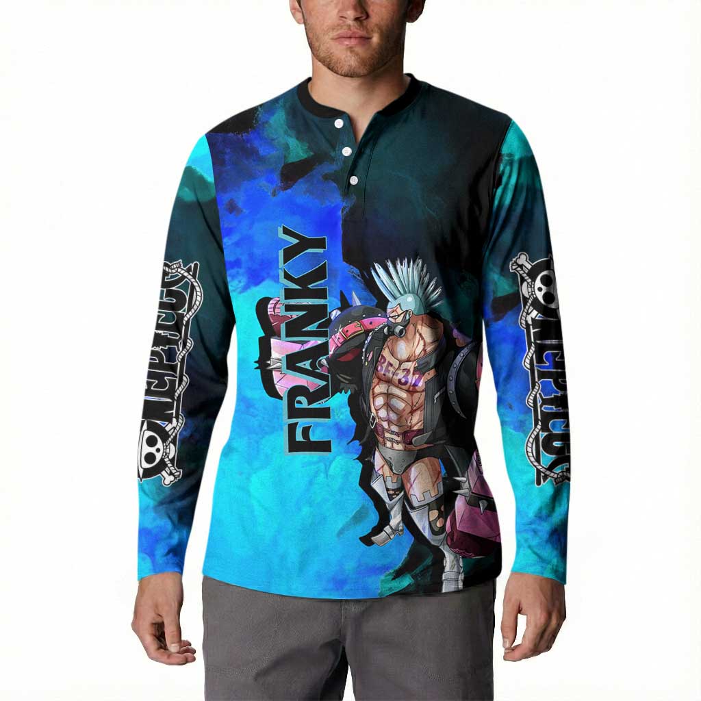 Franky One Piece Blue Theme Button Sweatshirt with Cyborg Design and Shipwright Pose - The Mazicc