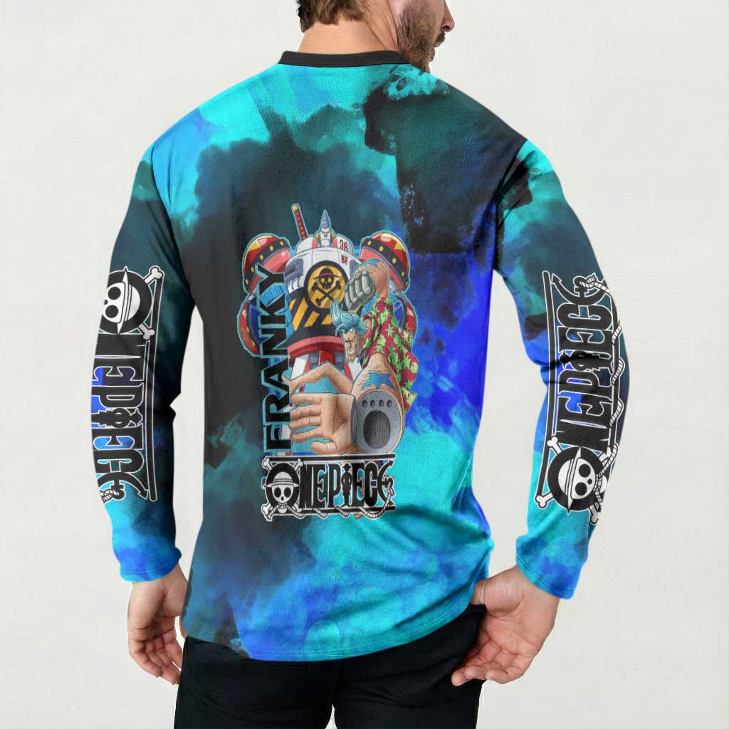 Franky One Piece Blue Theme Button Sweatshirt with Cyborg Design and Shipwright Pose - The Mazicc