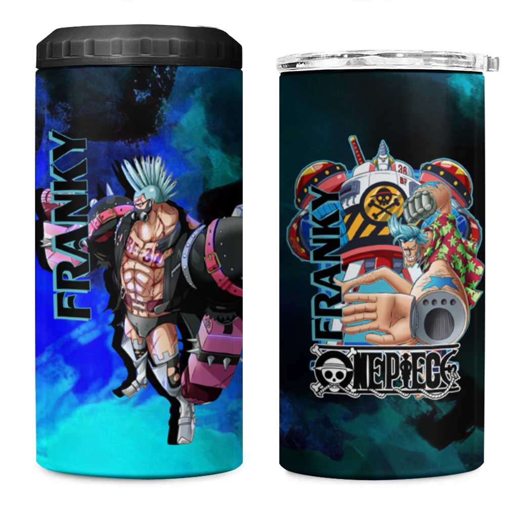 Franky One Piece Blue Theme 4 in 1 Can Cooler Tumbler with Cyborg Design and Shipwright Pose - The Mazicc