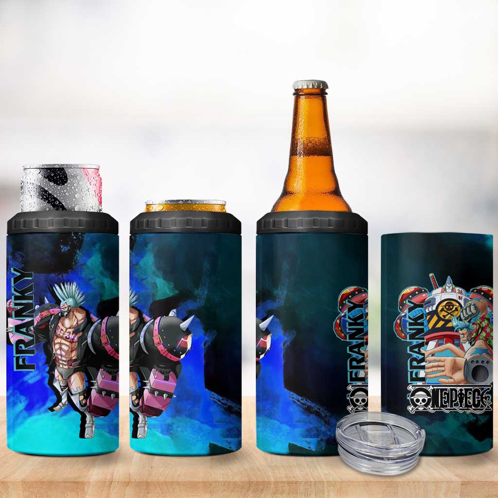 Franky One Piece Blue Theme 4 in 1 Can Cooler Tumbler with Cyborg Design and Shipwright Pose - The Mazicc