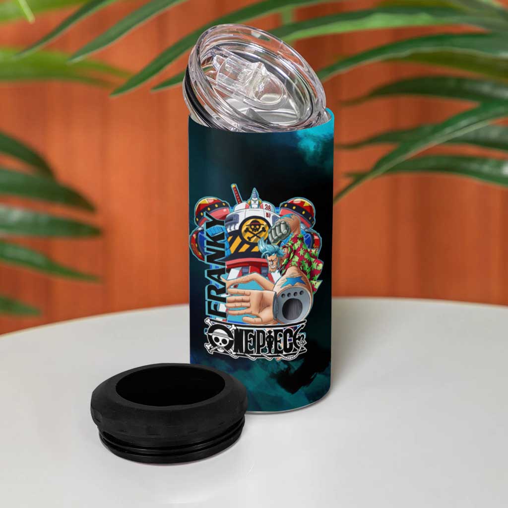 Franky One Piece Blue Theme 4 in 1 Can Cooler Tumbler with Cyborg Design and Shipwright Pose - The Mazicc