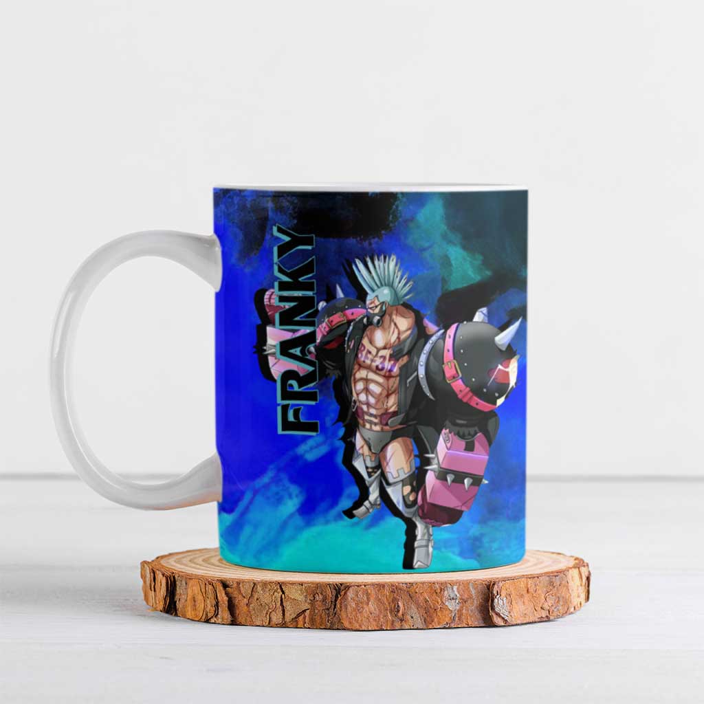 Franky One Piece Blue Theme Ceramic Mug with Cyborg Design and Shipwright Pose - The Mazicc