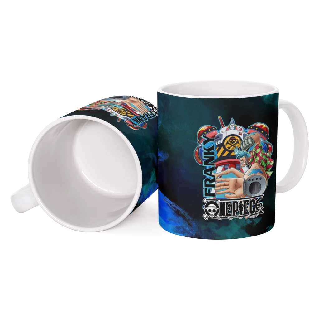 Franky One Piece Blue Theme Ceramic Mug with Cyborg Design and Shipwright Pose - The Mazicc
