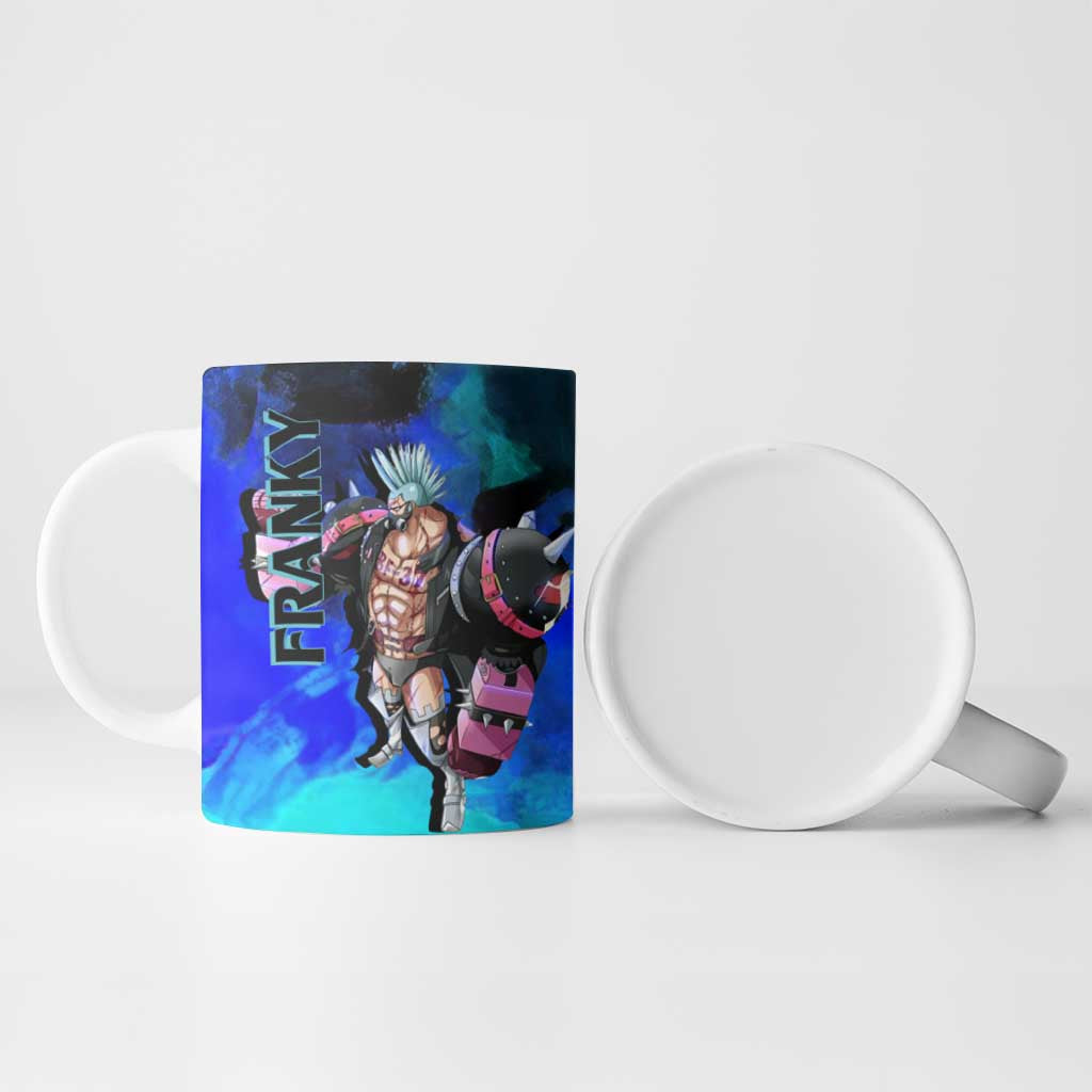 Franky One Piece Blue Theme Ceramic Mug with Cyborg Design and Shipwright Pose - The Mazicc