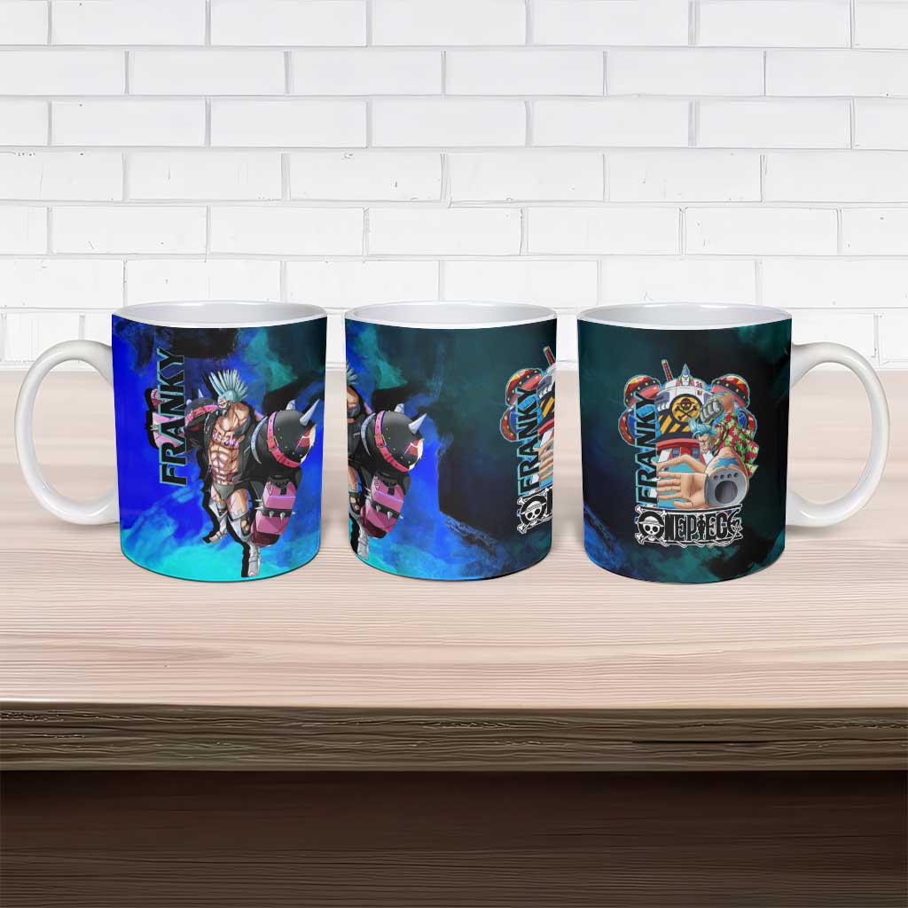 Franky One Piece Blue Theme Ceramic Mug with Cyborg Design and Shipwright Pose - The Mazicc