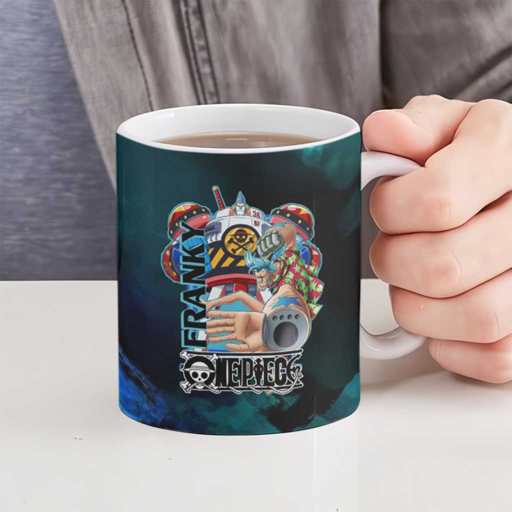 Franky One Piece Blue Theme Ceramic Mug with Cyborg Design and Shipwright Pose - The Mazicc