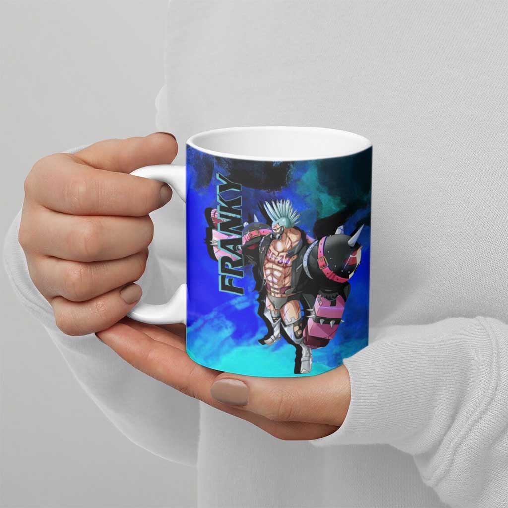 Franky One Piece Blue Theme Ceramic Mug with Cyborg Design and Shipwright Pose - The Mazicc