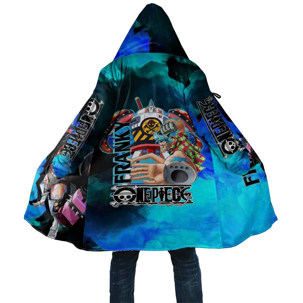 Franky One Piece Blue Theme Cloak with Cyborg Design and Shipwright Pose - The Mazicc