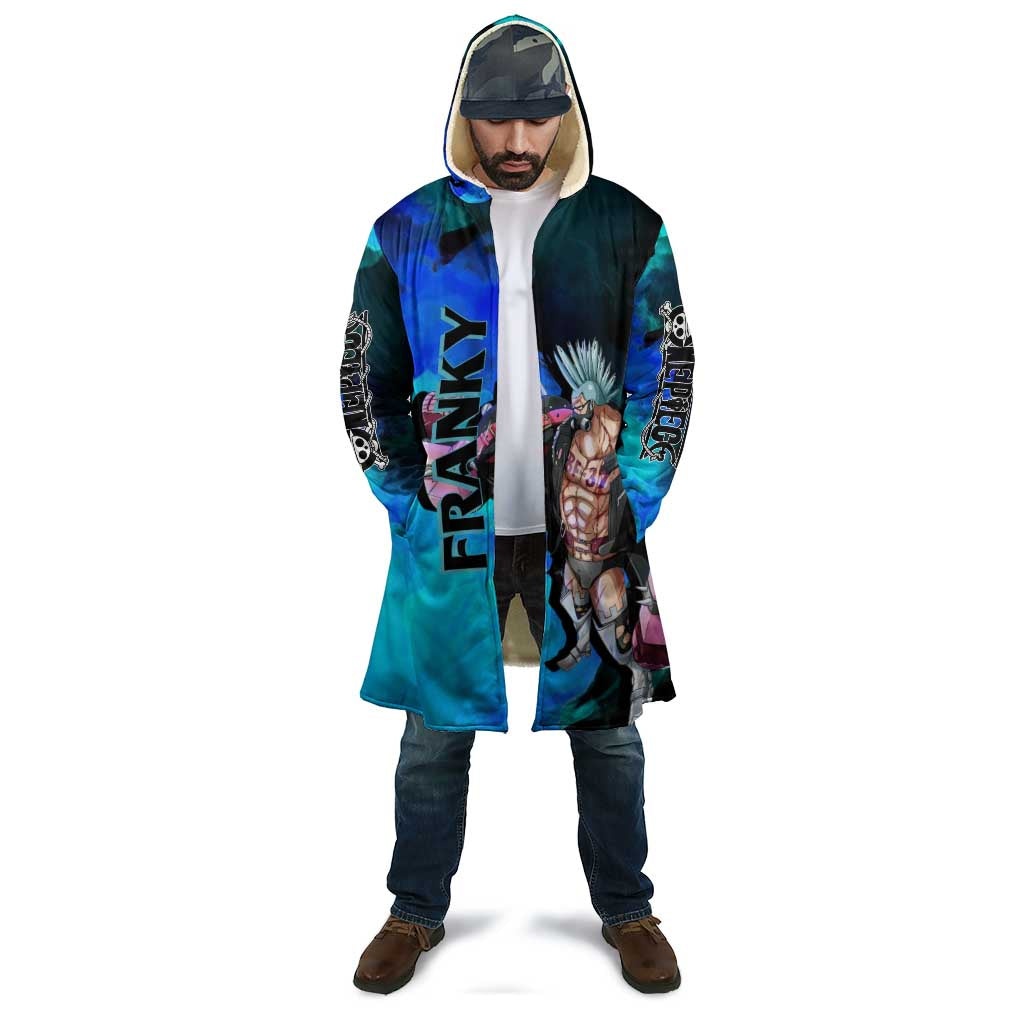 Franky One Piece Blue Theme Cloak with Cyborg Design and Shipwright Pose - The Mazicc