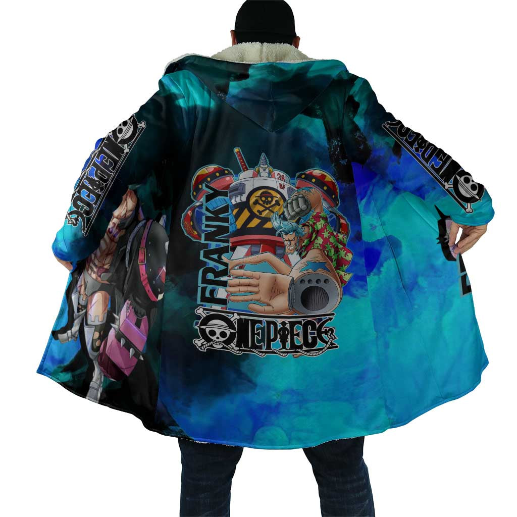 Franky One Piece Blue Theme Cloak with Cyborg Design and Shipwright Pose - The Mazicc
