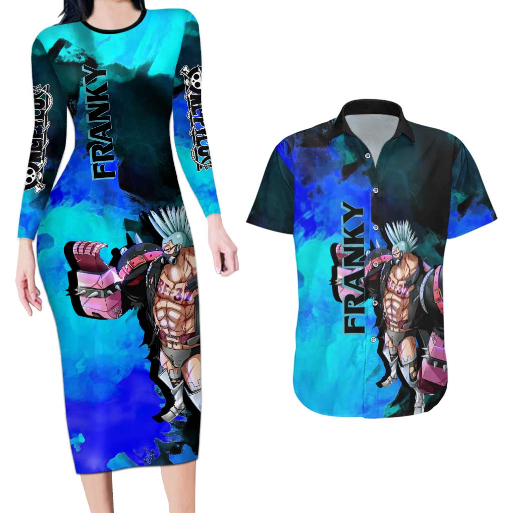 Franky One Piece Blue Theme Couples Matching Long Sleeve Bodycon Dress and Hawaiian Shirt with Cyborg Design and Shipwright Pose - The Mazicc