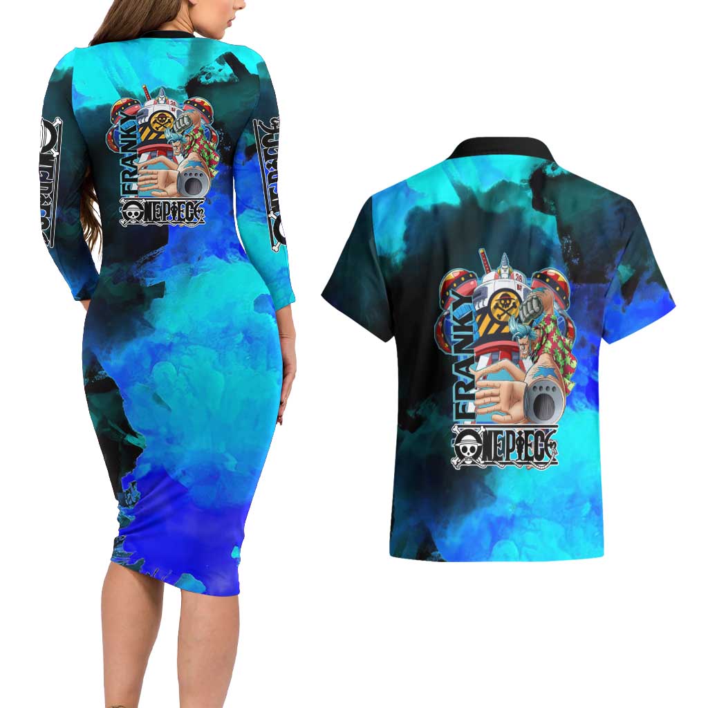 Franky One Piece Blue Theme Couples Matching Long Sleeve Bodycon Dress and Hawaiian Shirt with Cyborg Design and Shipwright Pose - The Mazicc