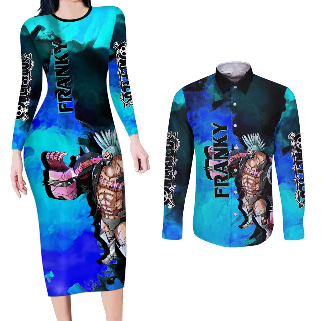 Franky One Piece Blue Theme Couples Matching Long Sleeve Bodycon Dress and Long Sleeve Button Shirt with Cyborg Design and Shipwright Pose - The Mazicc