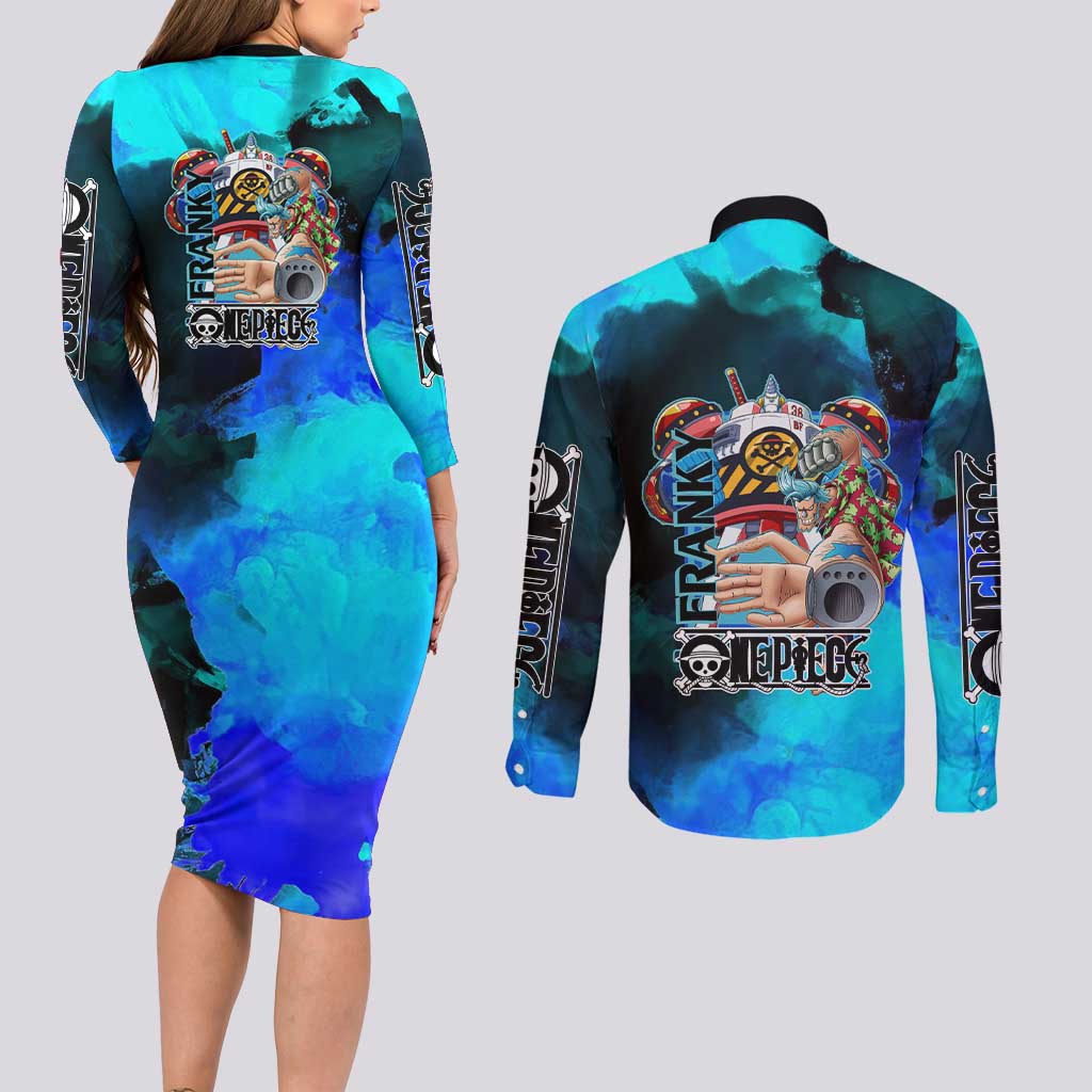 Franky One Piece Blue Theme Couples Matching Long Sleeve Bodycon Dress and Long Sleeve Button Shirt with Cyborg Design and Shipwright Pose - The Mazicc