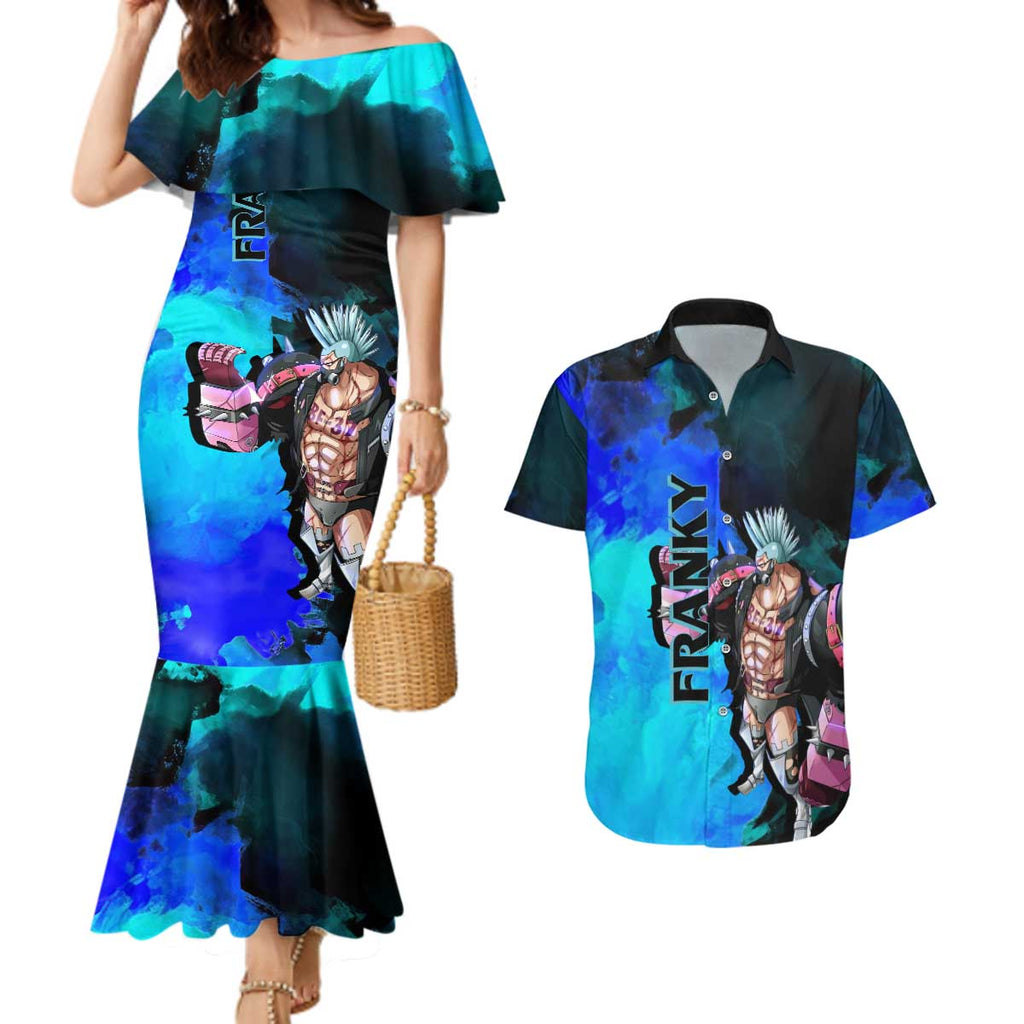 Franky One Piece Blue Theme Couples Matching Mermaid Dress and Hawaiian Shirt with Cyborg Design and Shipwright Pose - The Mazicc