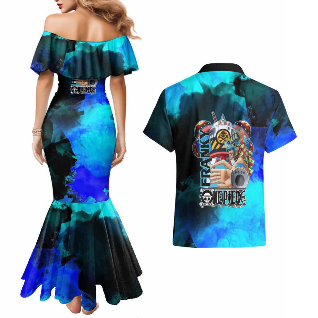 Franky One Piece Blue Theme Couples Matching Mermaid Dress and Hawaiian Shirt with Cyborg Design and Shipwright Pose - The Mazicc
