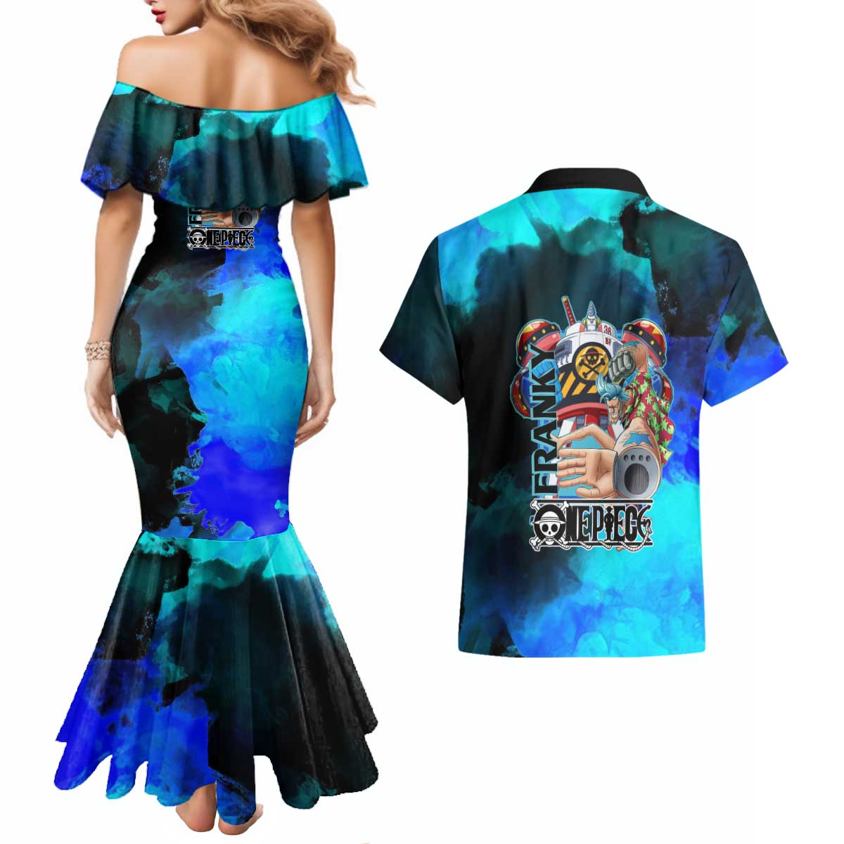 Franky One Piece Blue Theme Couples Matching Mermaid Dress and Hawaiian Shirt with Cyborg Design and Shipwright Pose - The Mazicc