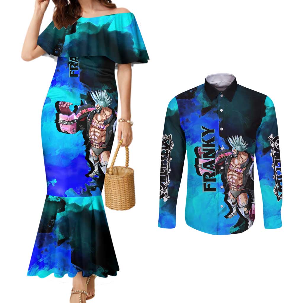 Franky One Piece Blue Theme Couples Matching Mermaid Dress and Long Sleeve Button Shirt with Cyborg Design and Shipwright Pose - The Mazicc
