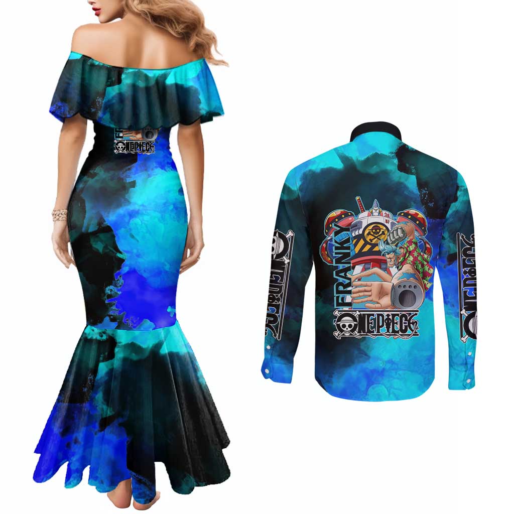 Franky One Piece Blue Theme Couples Matching Mermaid Dress and Long Sleeve Button Shirt with Cyborg Design and Shipwright Pose - The Mazicc