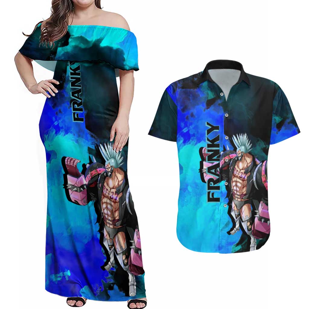 Franky One Piece Blue Theme Couples Matching Off Shoulder Maxi Dress and Hawaiian Shirt with Cyborg Design and Shipwright Pose - The Mazicc