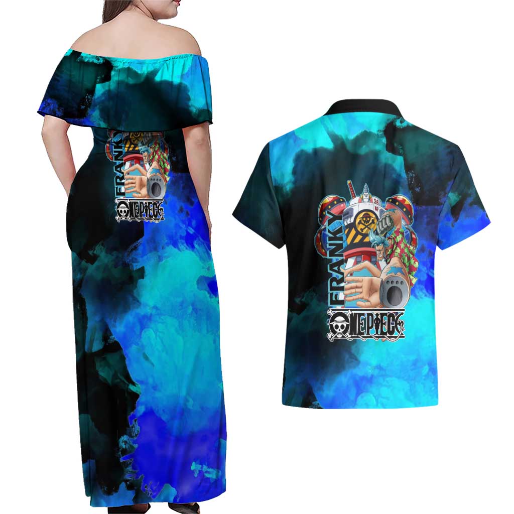 Franky One Piece Blue Theme Couples Matching Off Shoulder Maxi Dress and Hawaiian Shirt with Cyborg Design and Shipwright Pose - The Mazicc