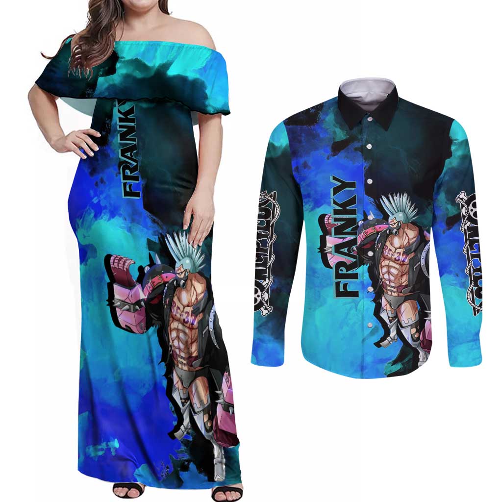 Franky One Piece Blue Theme Couples Matching Off Shoulder Maxi Dress and Long Sleeve Button Shirt with Cyborg Design and Shipwright Pose - The Mazicc