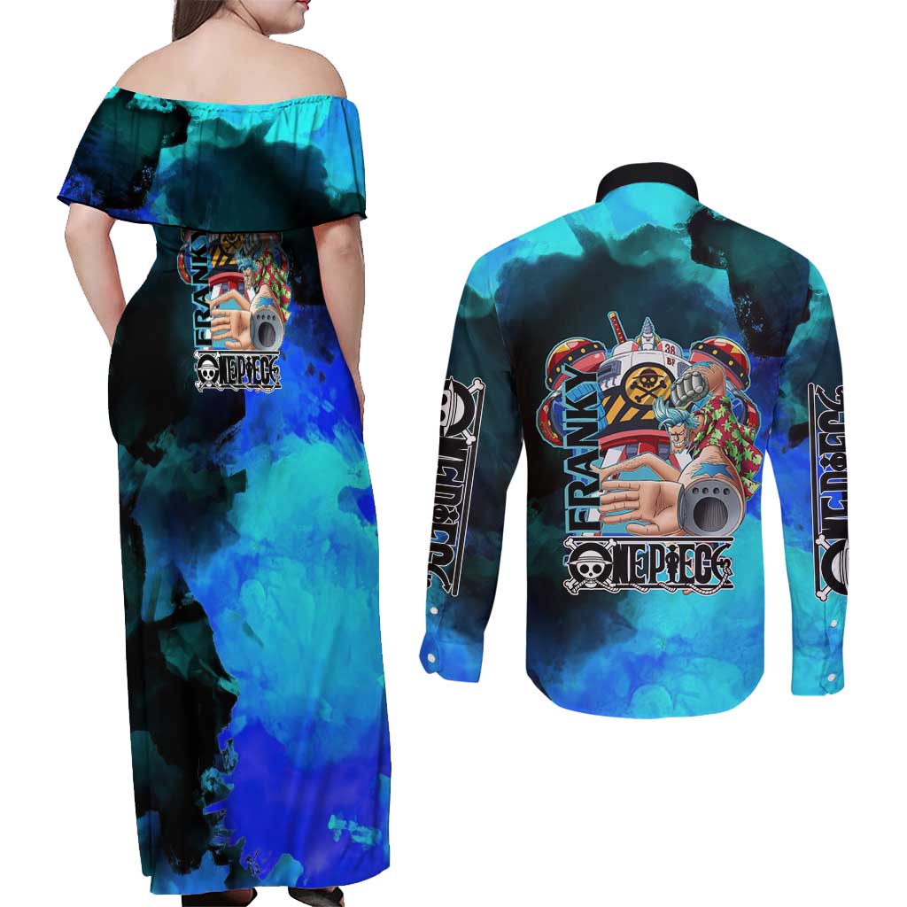 Franky One Piece Blue Theme Couples Matching Off Shoulder Maxi Dress and Long Sleeve Button Shirt with Cyborg Design and Shipwright Pose - The Mazicc