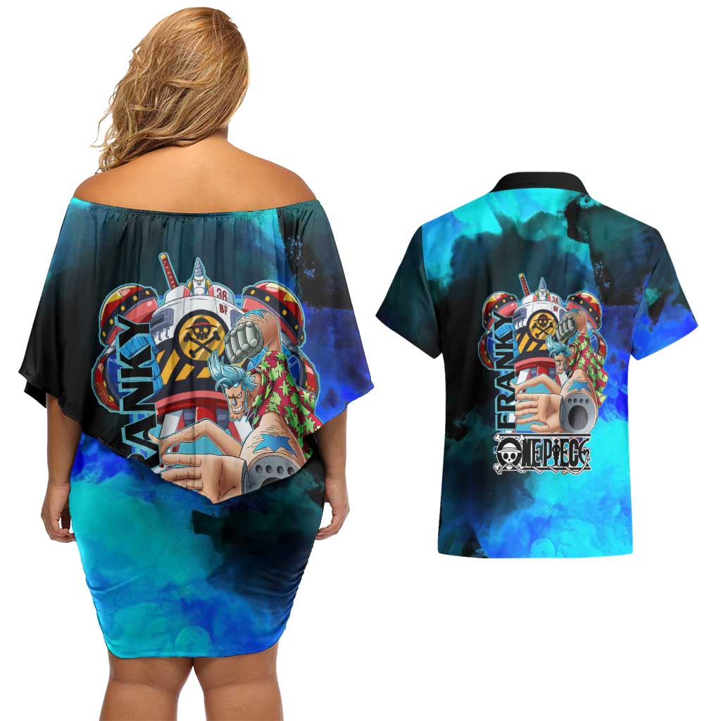 Franky One Piece Blue Theme Couples Matching Off Shoulder Short Dress and Hawaiian Shirt with Cyborg Design and Shipwright Pose - The Mazicc