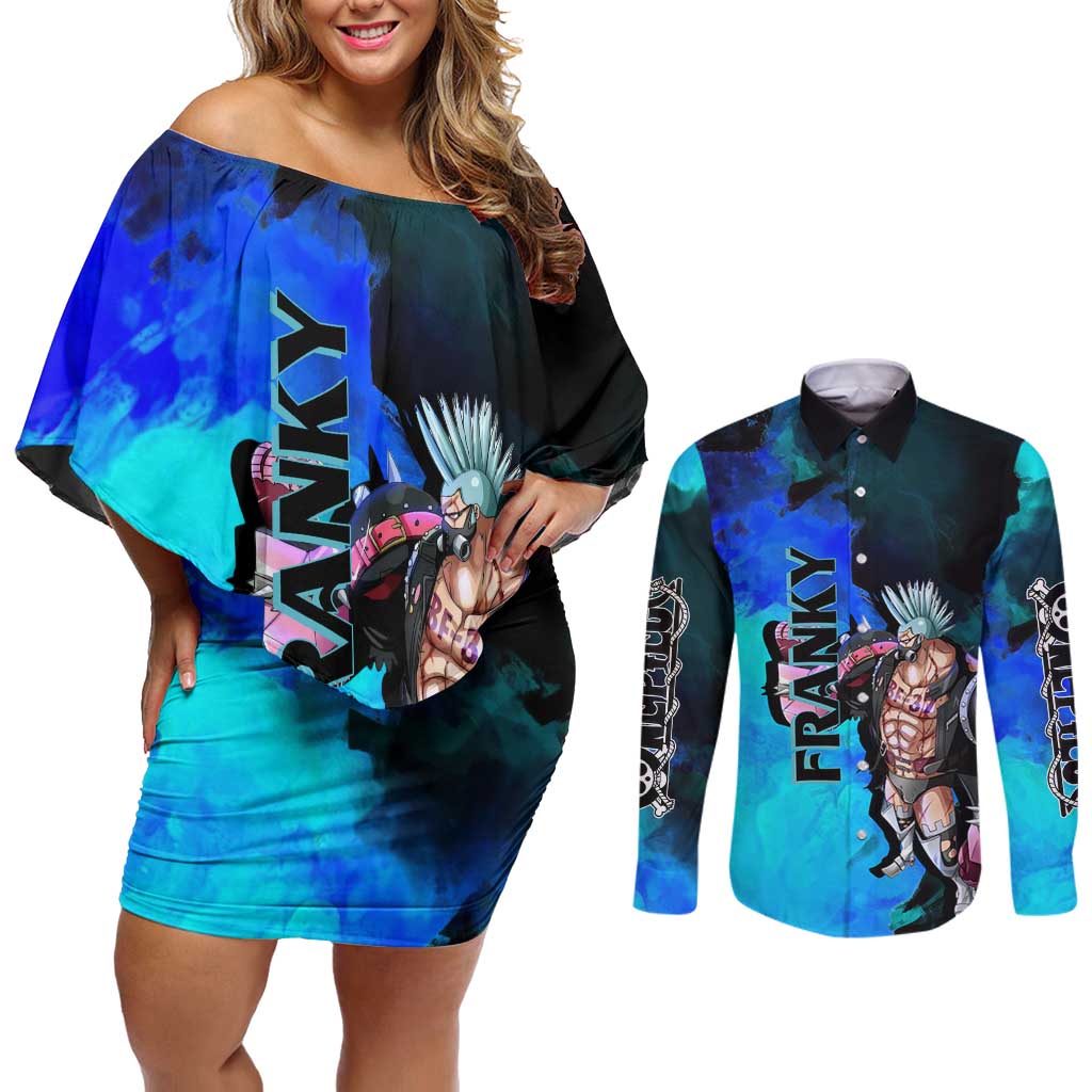 Franky One Piece Blue Theme Couples Matching Off Shoulder Short Dress and Long Sleeve Button Shirt with Cyborg Design and Shipwright Pose - The Mazicc
