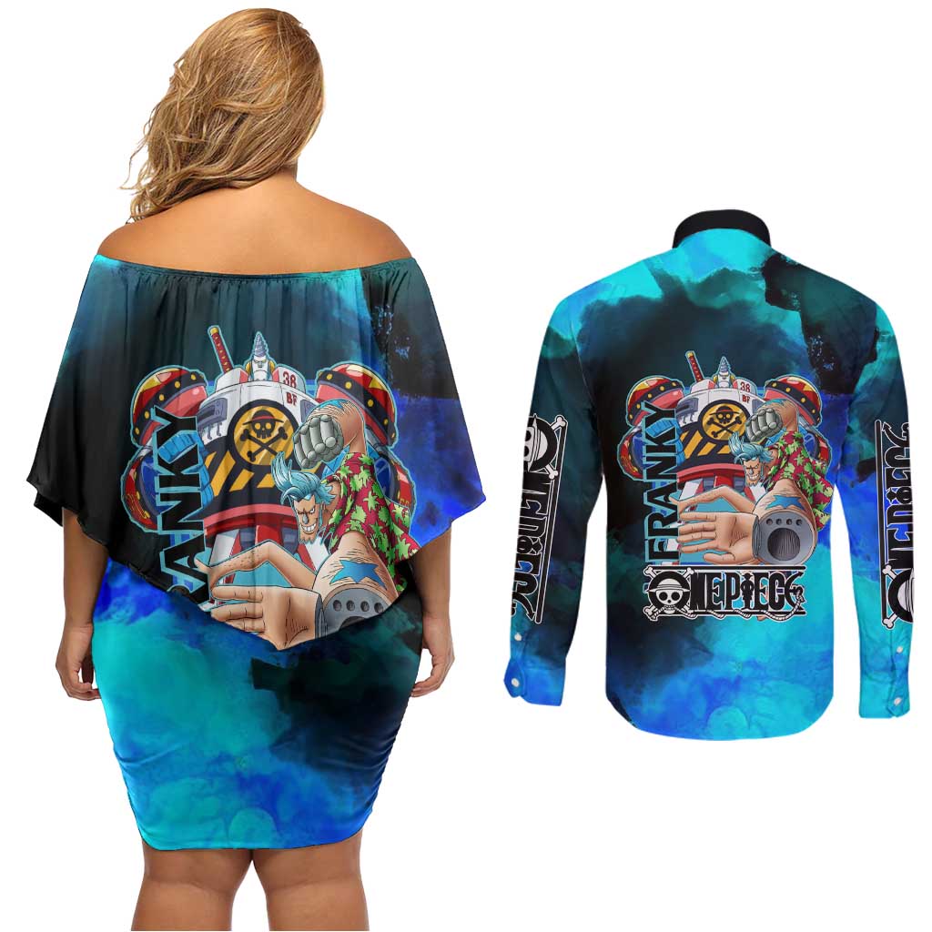 Franky One Piece Blue Theme Couples Matching Off Shoulder Short Dress and Long Sleeve Button Shirt with Cyborg Design and Shipwright Pose - The Mazicc